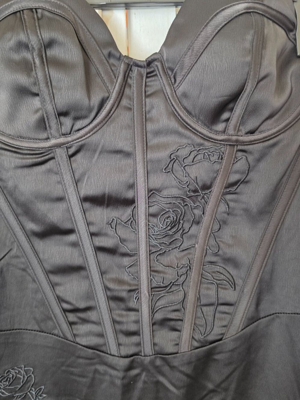 PrettyLittleThing Black Satin Corset Rose Embroidered Maxi Dress XS US 4 - Picture 3 of 10